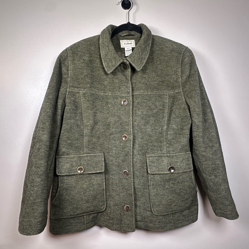 L.L.Bean Wool-Blend Barn Coat Jacket Women’s Petite Large Green Utility Shacket